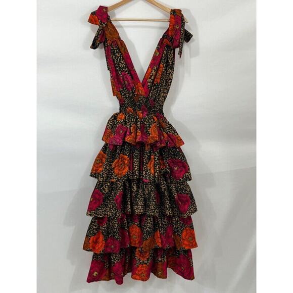 ELISAMAMA Sz S Small One Midi Dress Fuchsia Orange Black Floral Tiered Ruffle - Picture 9 of 11